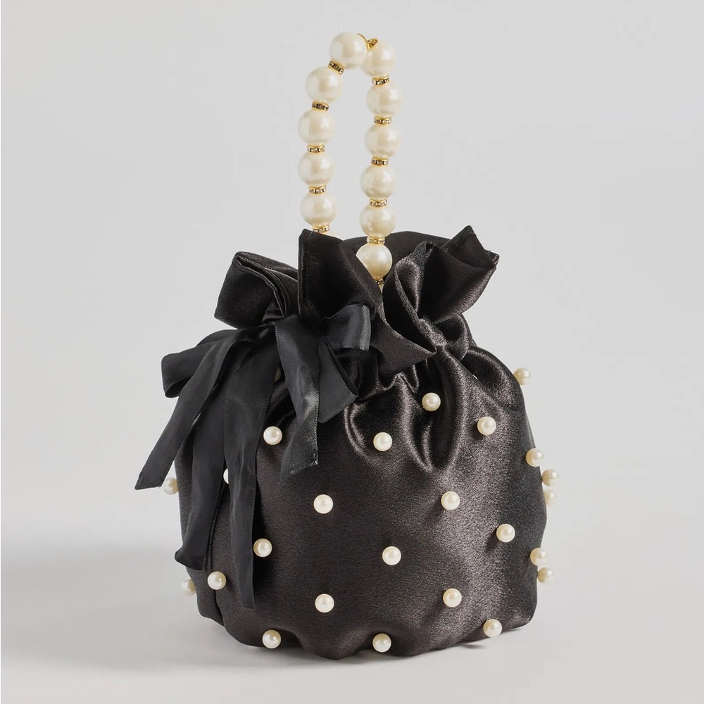 Elegant Black Faux Pearl-Embellished Pouch Satin Bag